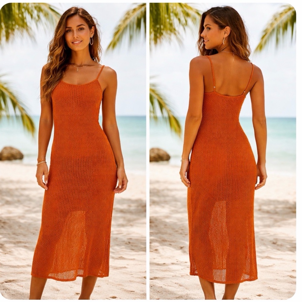 Freshman 1996 NWT Burnt Orange Crochet Knit Sleeveless MIDI Dress Size Medium